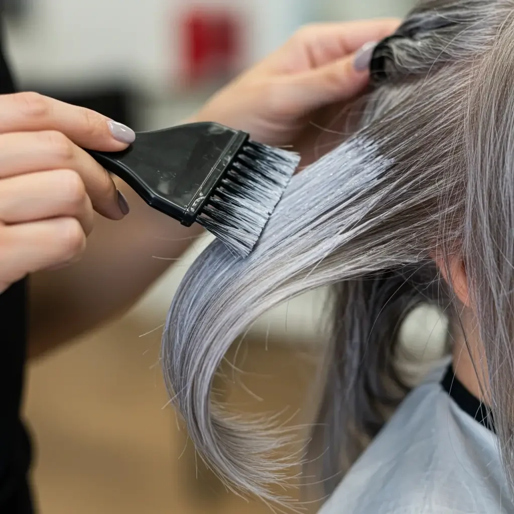 Subtle grey blending hair color for natural youthful look in West Hollywood hair salon Hair Coloring Services